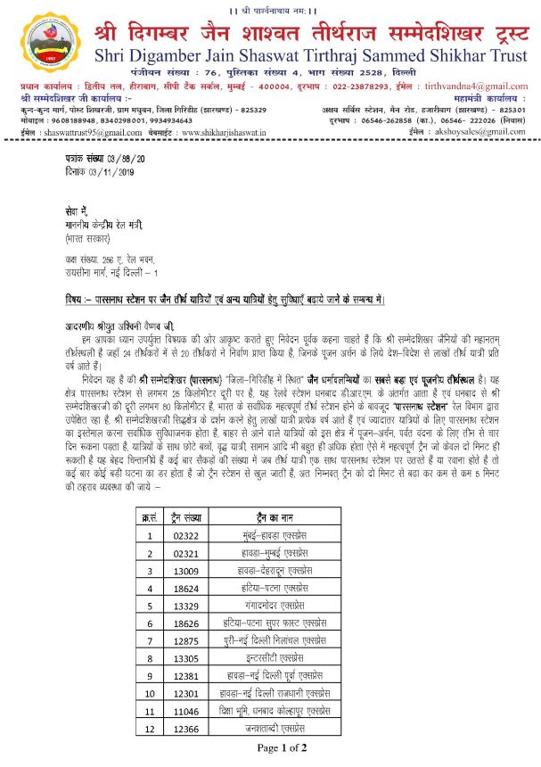 ट्रस्ट ने रेलवे बोर्ड से की मांग पारसनाथ स्टेशन पर सभी महत्वपूर्ण ट्रेनों की ठहराव दो मिनट के जगह पाँच मिनट हो ट्रस्ट ने रेलवे बोर्ड से की मांग पारसनाथ स्टेशन पर सभी महत्वपूर्ण ट्रेनों की ठहराव दो मिनट के जगह पाँच मिनट हो